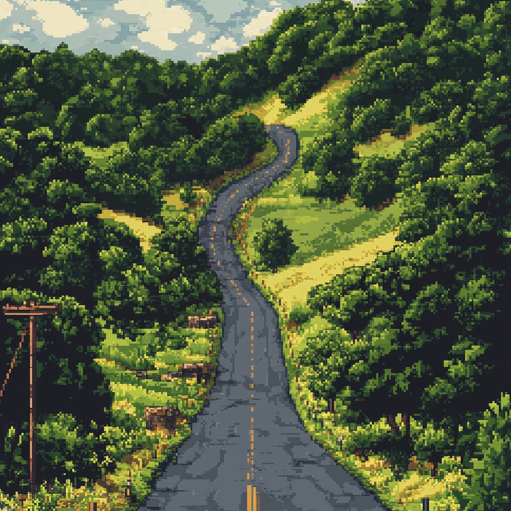 A road winding through green hills toward the horizon, in pixel art